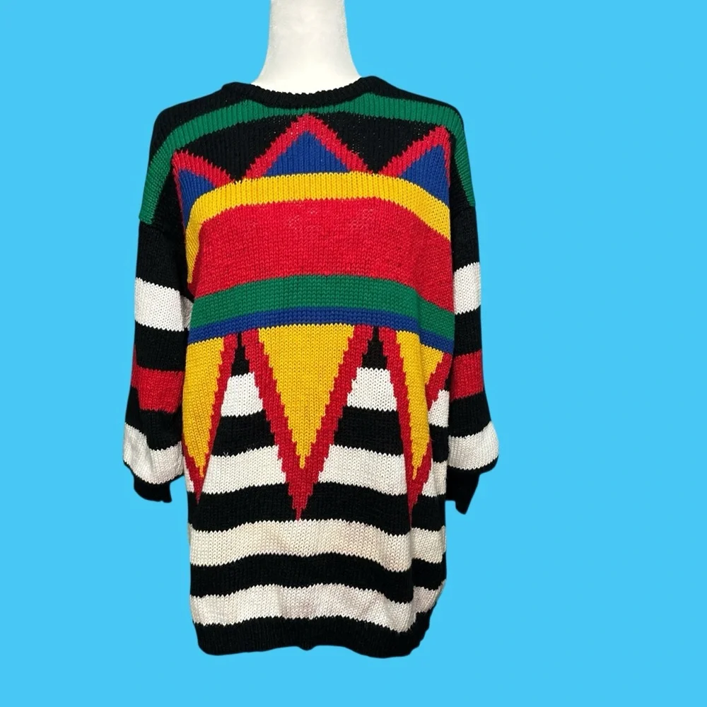 Vintage 80s/90s IB Diffusion multi colored striped/geometric oversized sweater - Picture 1 of 6